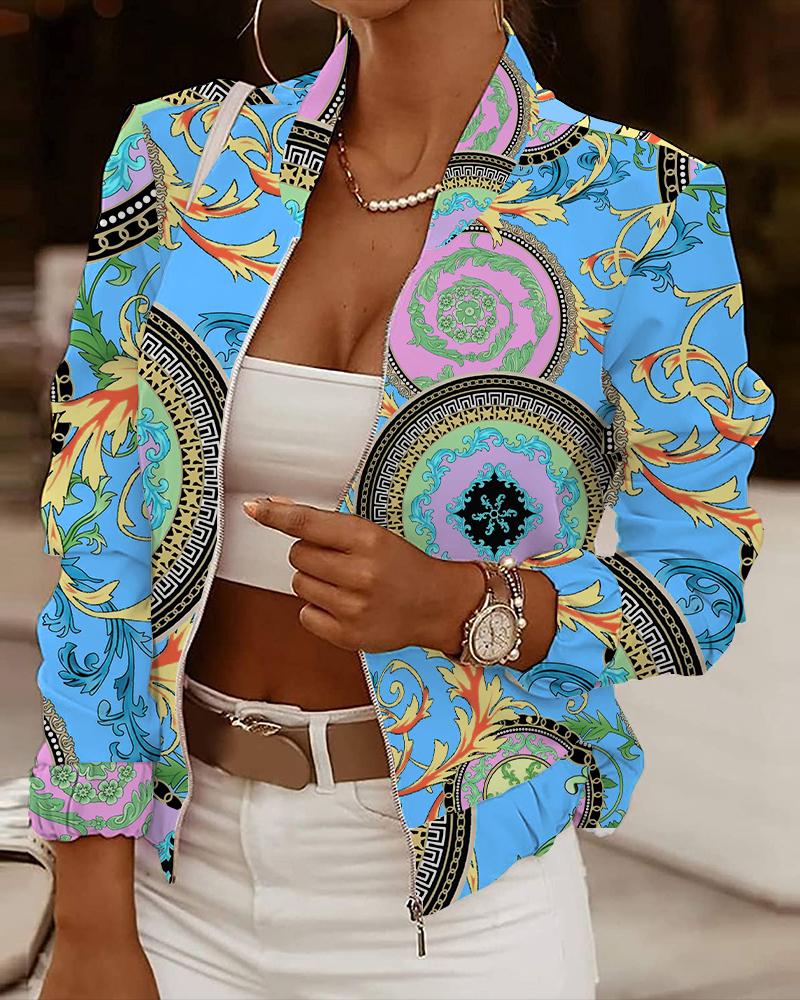 

Baroque Print Long Sleeve Zip Up Jacket, Blue