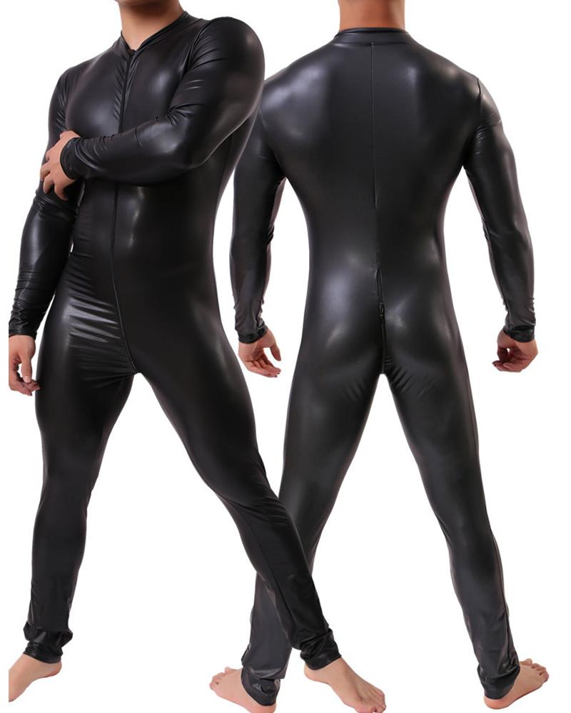 

Solid Color Long Sleeve Leather Jumpsuit, Black