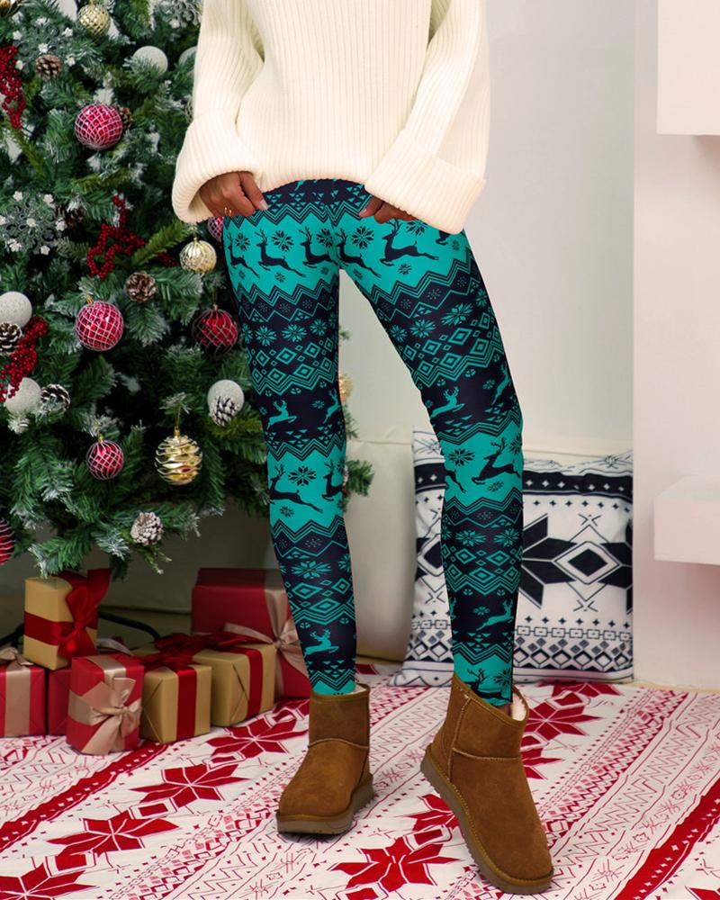 

Christmas High Waist Geometric Graphic Print Skinny Pants, Green