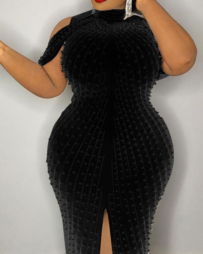 

Plus Size Beaded Decor Split Hem Party Dress, Black