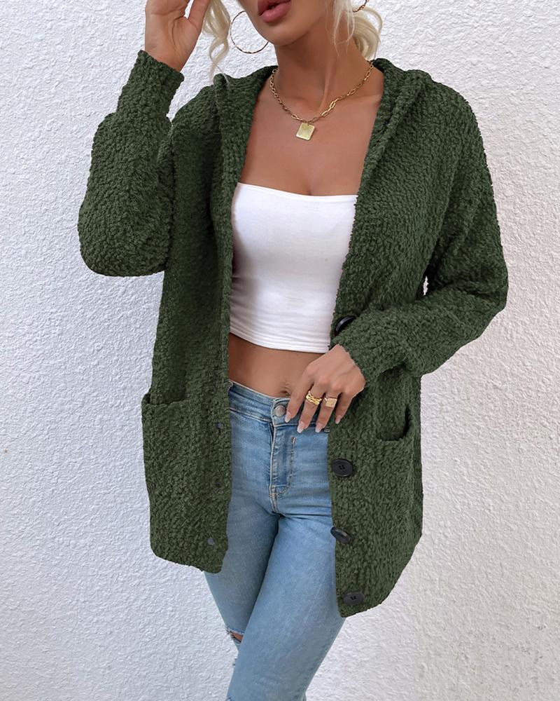 

Long Sleeve Button Up Hooded Teddy Cardigan, Dark green