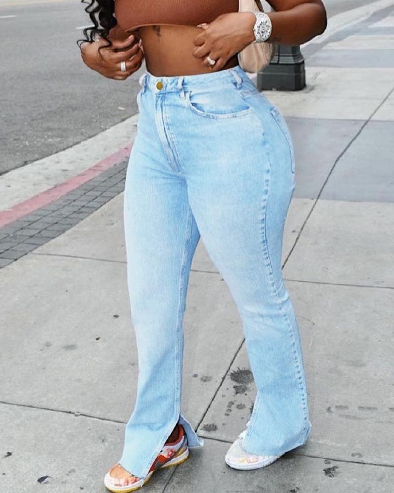 

Pocket Design High Waist Slit Denim Pants, Blue