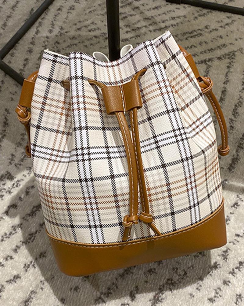 

Plaid Print Drawstring Bucket Bag, Style4