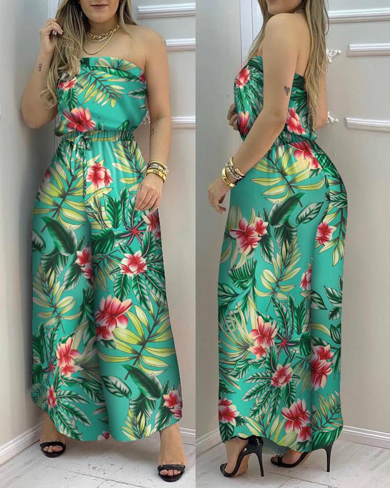 

Floral Print Bandeau Wide Leg Jumpsuit, Green
