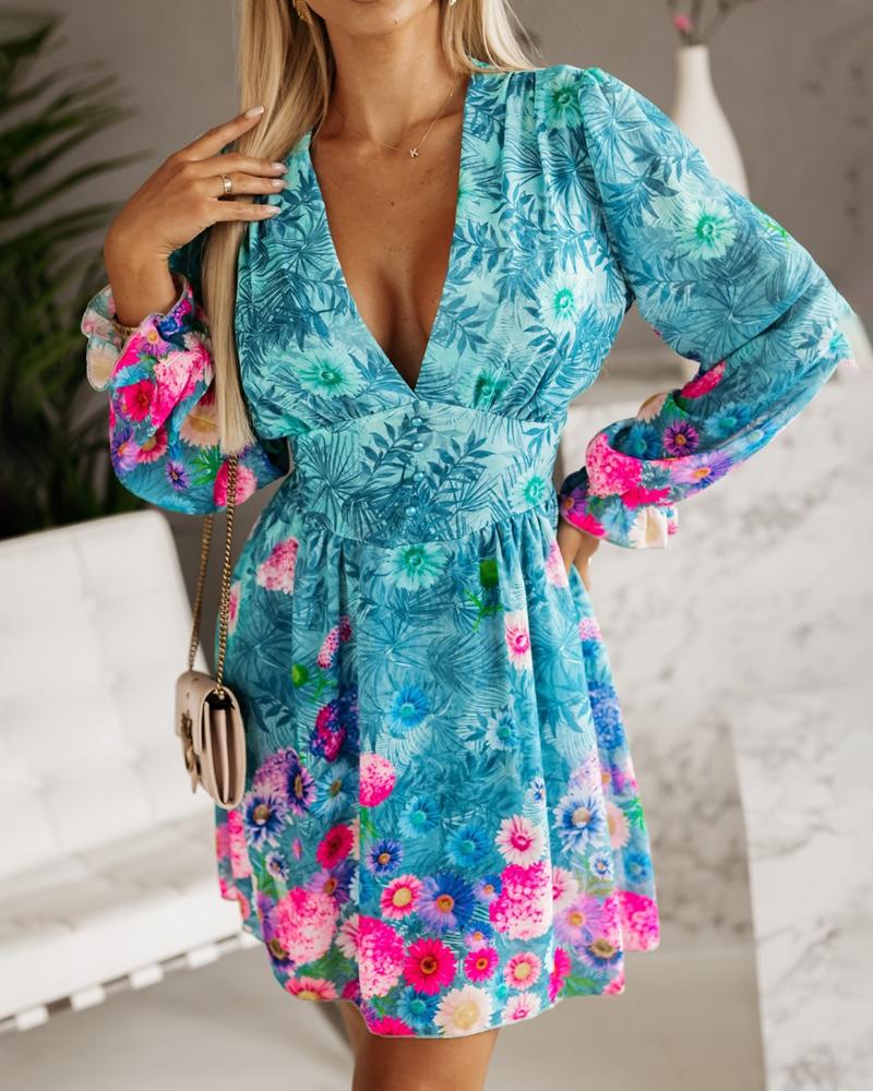 

Tropical Print Puff Sleeve Corset Dress, Blue