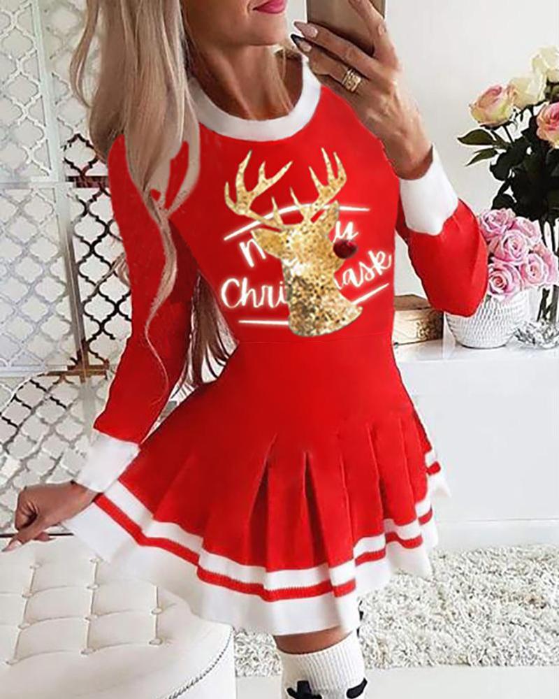 Christmas Reindeer Letter Print Long Sleeve Pleated Dress