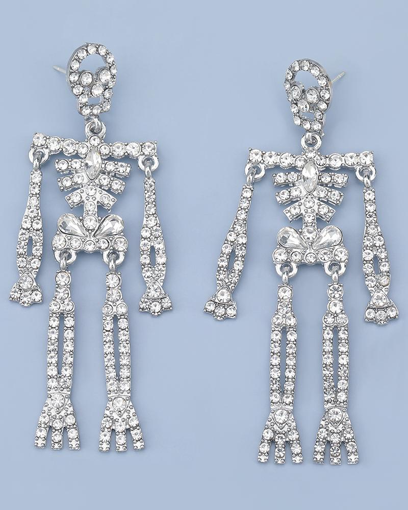 

Rhinestone Skull Skeleton Drop Earrings, Silver