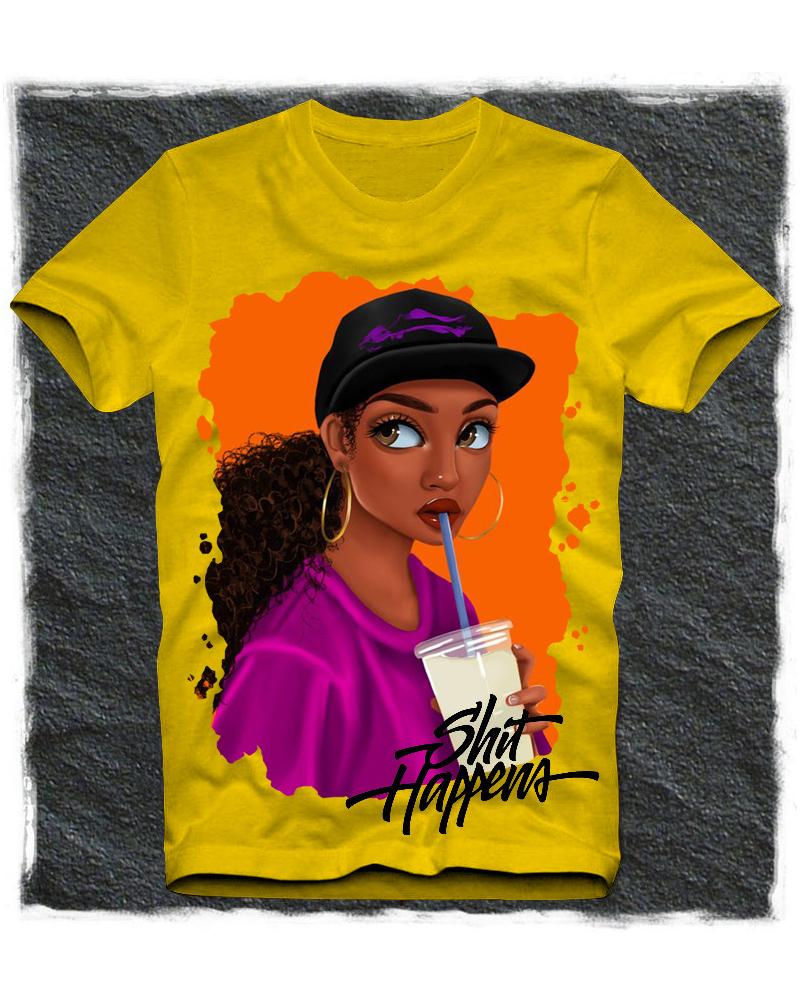

Girl Print Short Sleeve Loose T-shirts, Yellow
