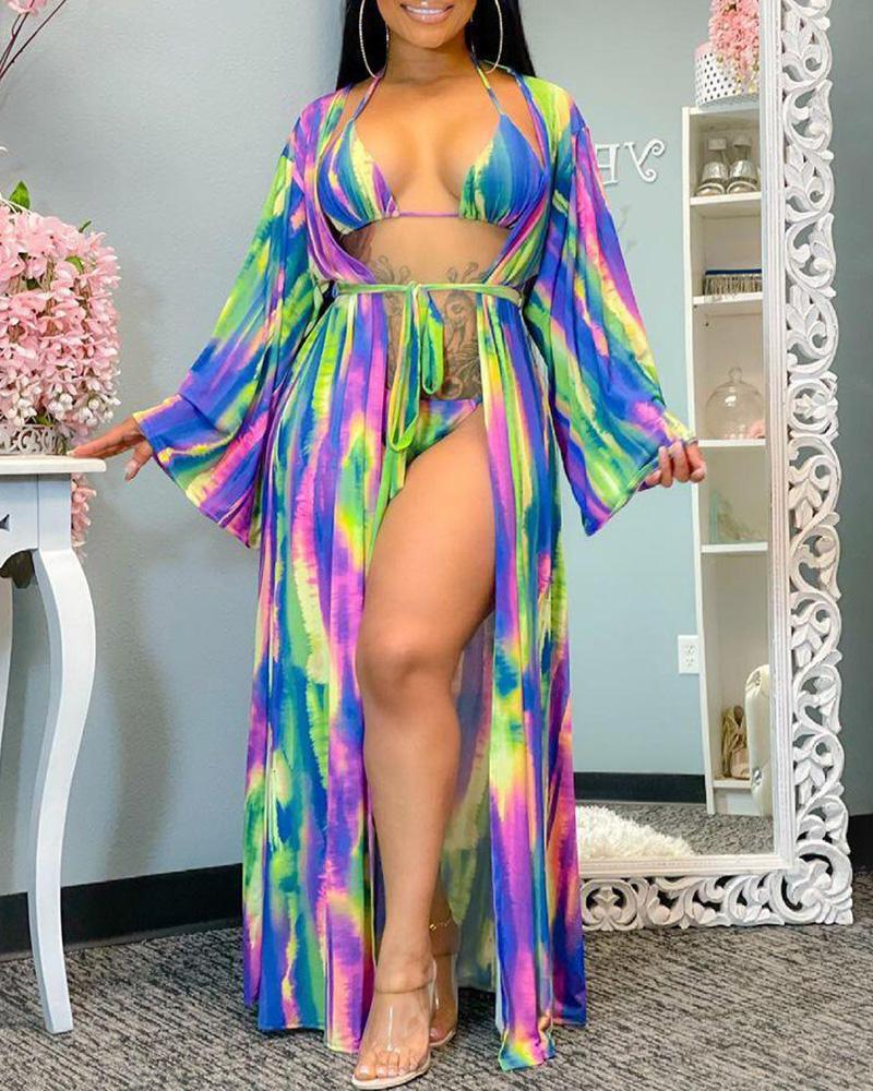 

Tie Dye Print Halter Tied Detail Bikini Sets With Cover Up, Blue