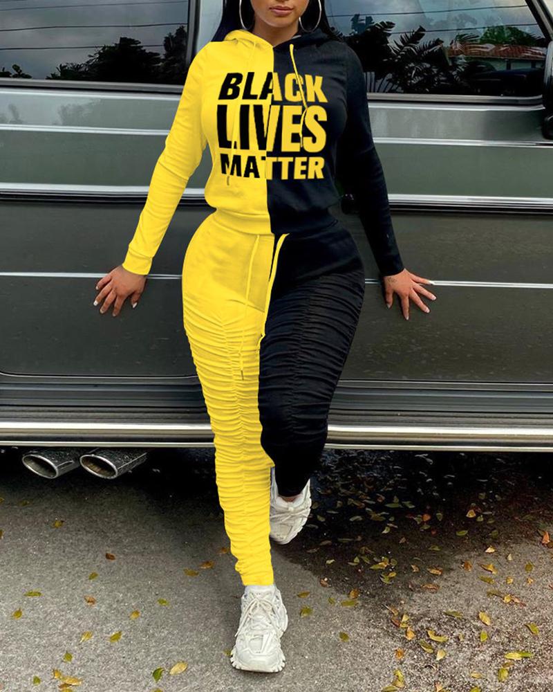 

Colorblock Letter Print Long Sleeve Hoodies Suit Sets, Yellow