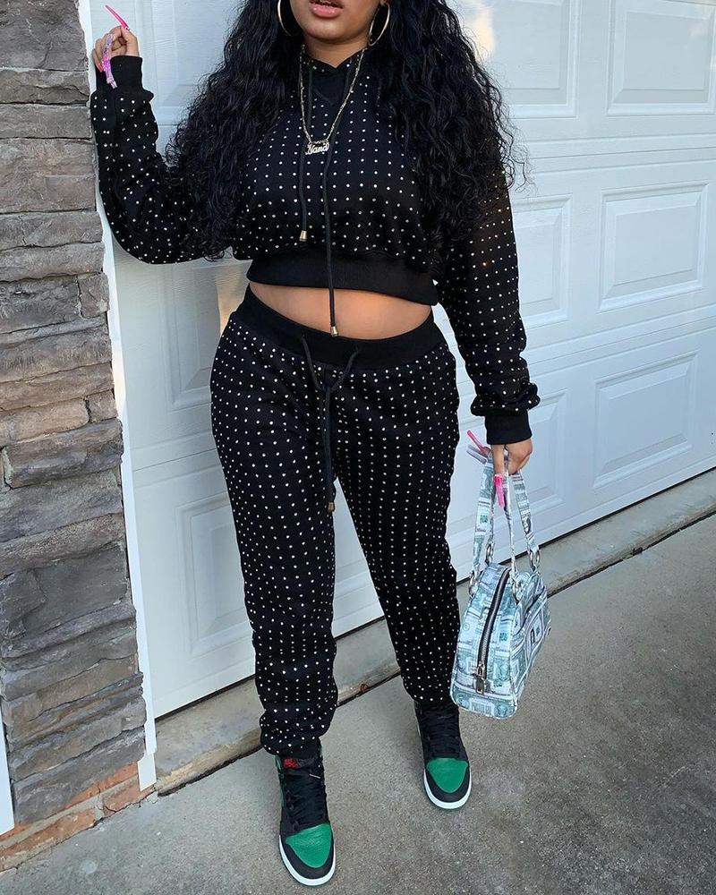 

Studded Polkadot Print Top & Pants Set, Black