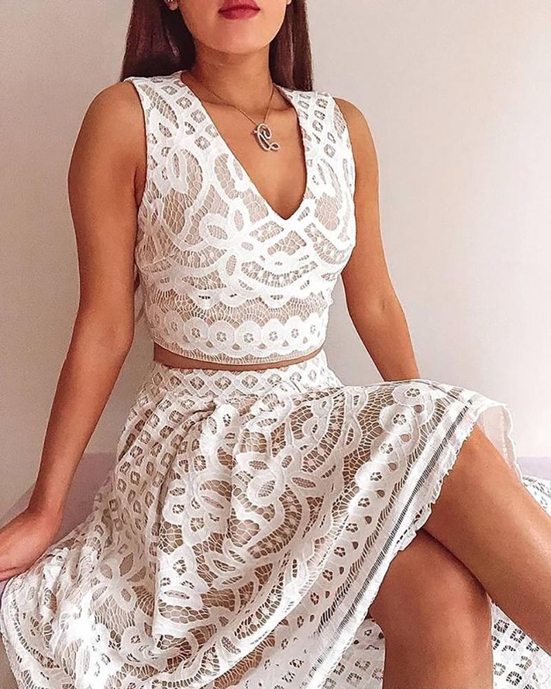 

Crochet Lace Thick Strap Crop Top & Skirt Ses, White