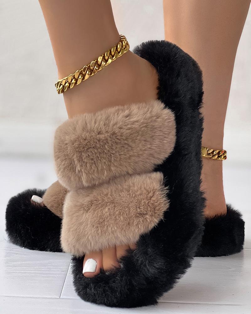 

Double Strap Round Toe Fuzzy Slippers, Khaki