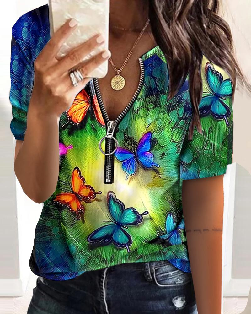 

Butterfly Print Short Sleeve Zip Front Top, Multicolor