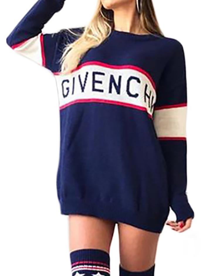 

Letter Print Contrast Color Sweatshirt Dress, Dark blue