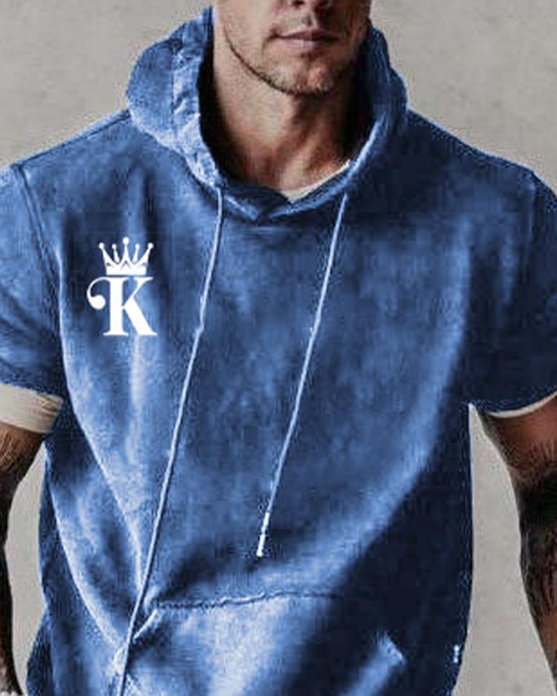 

Pokers Print Short Sleeve Loose Hooded Sweatshirts, Blue