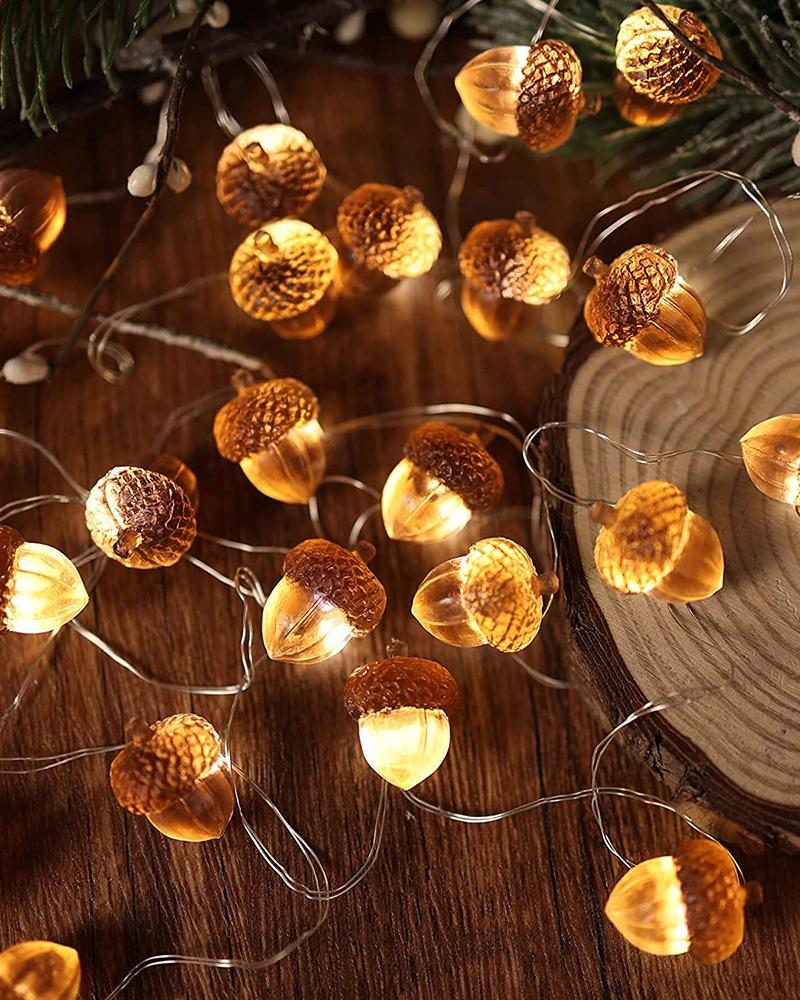 

3D Twinkle Acorn Fall Decorations  Harvest String Lights With 20pcs Bulb for Wedding Bedroom Fireplace Mantel Ice Age Ornaments Home Decor, Brown