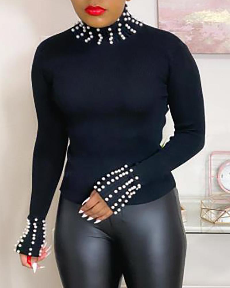 

Beaded Long Sleeve Blouse, Black