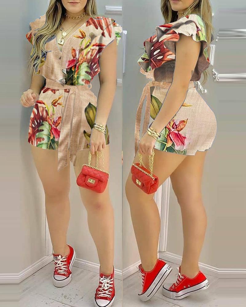 

Leaf Print Ruffle Hem Tie Front Romper With Belt, Apricot
