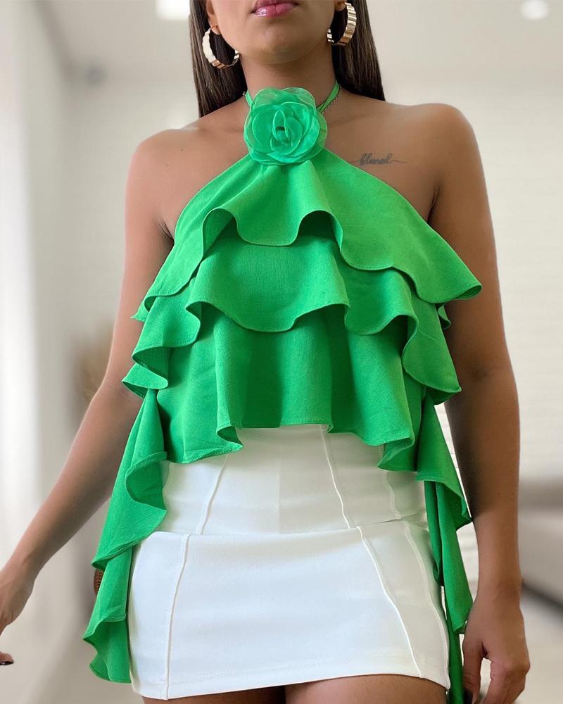 

Rose Detail Ruffles Asymmetrcial Halter Top, Green