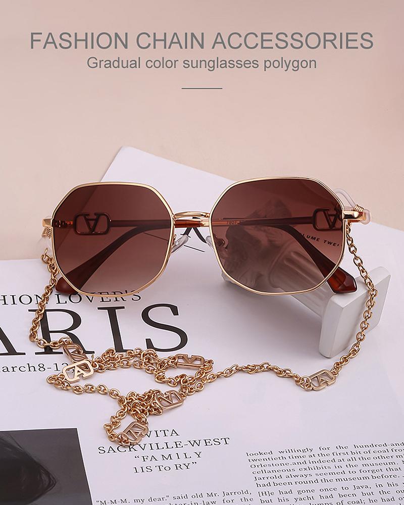 

Asymmetrical Frame Sunglasses With Eyeglasses Chain Holder, Brown