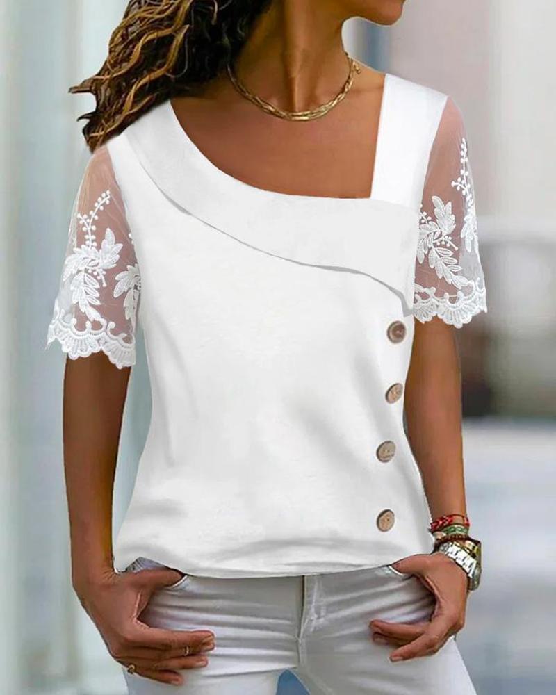 

Asymmetrical Neck Buttoned Lace Patch Blouse, White