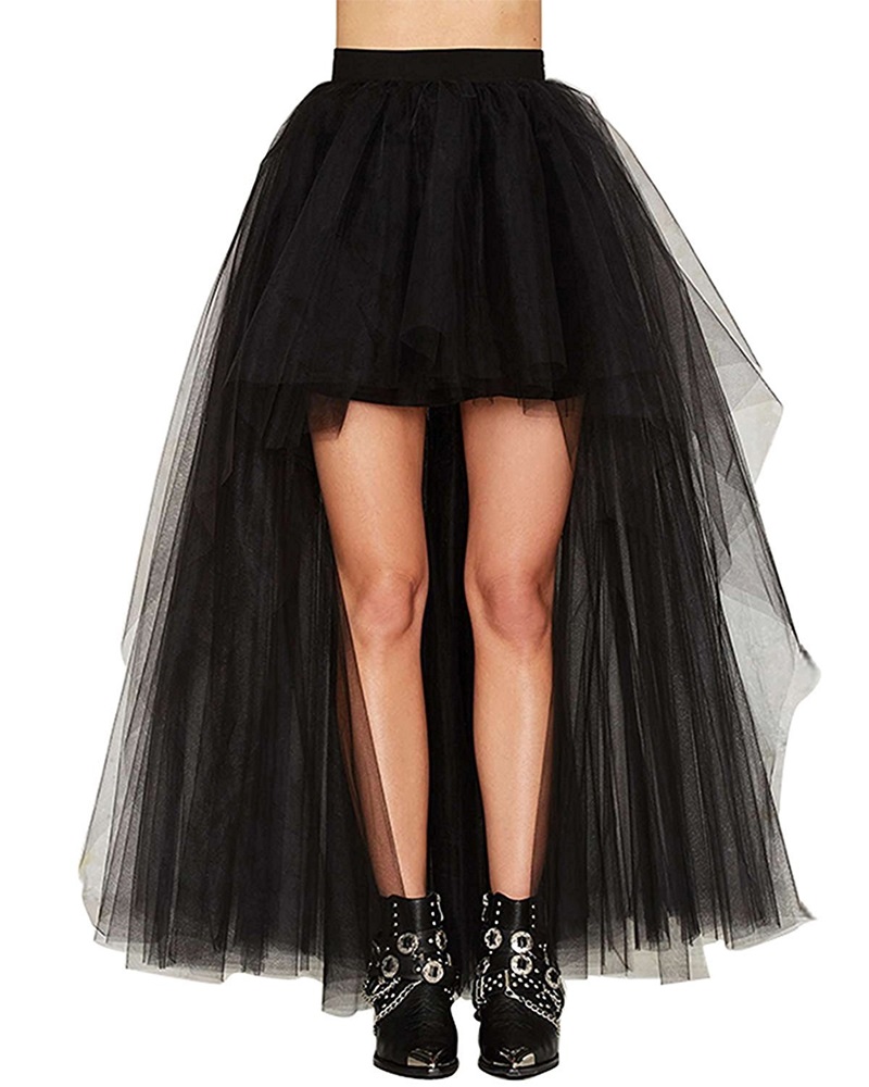 

High Low Hem Layered Sheer Mesh Tulle Tutu Skirt, Black