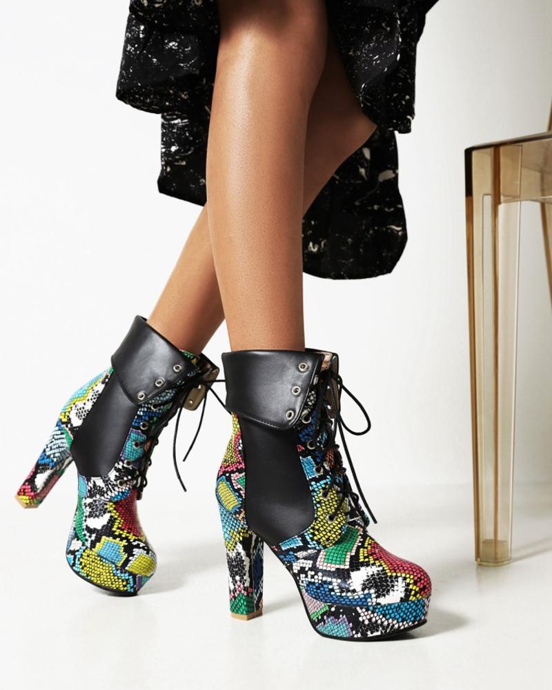 

Womens Vintage Patchwork Snakeskin Print Round Toe High Heel Boots, Black