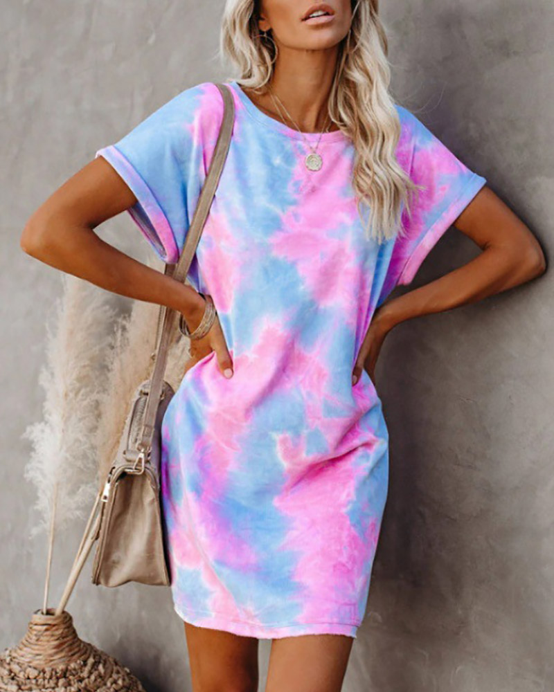 

Tie Dye Print Round Neck Casual Dress, Pink