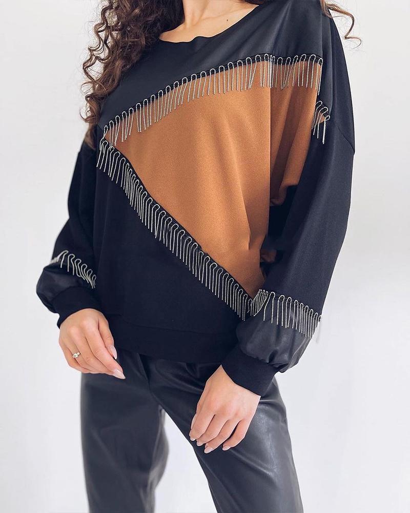 

Colorblock Fringe Trim Drop Shoulder Sweatshirt, Black