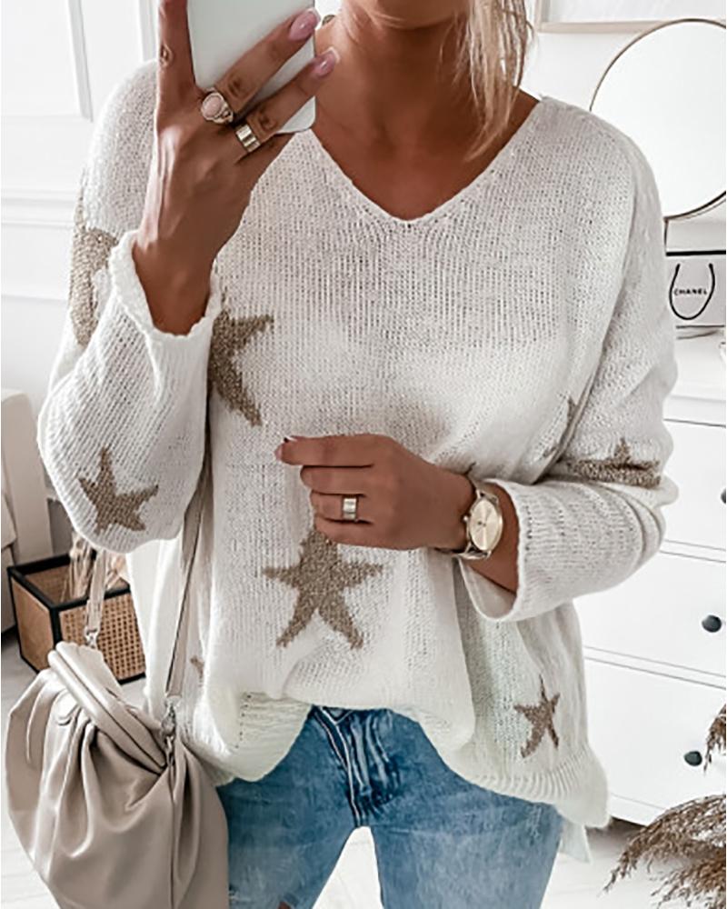 

Star Print Long Sleeve Casual Knit Sweater, White