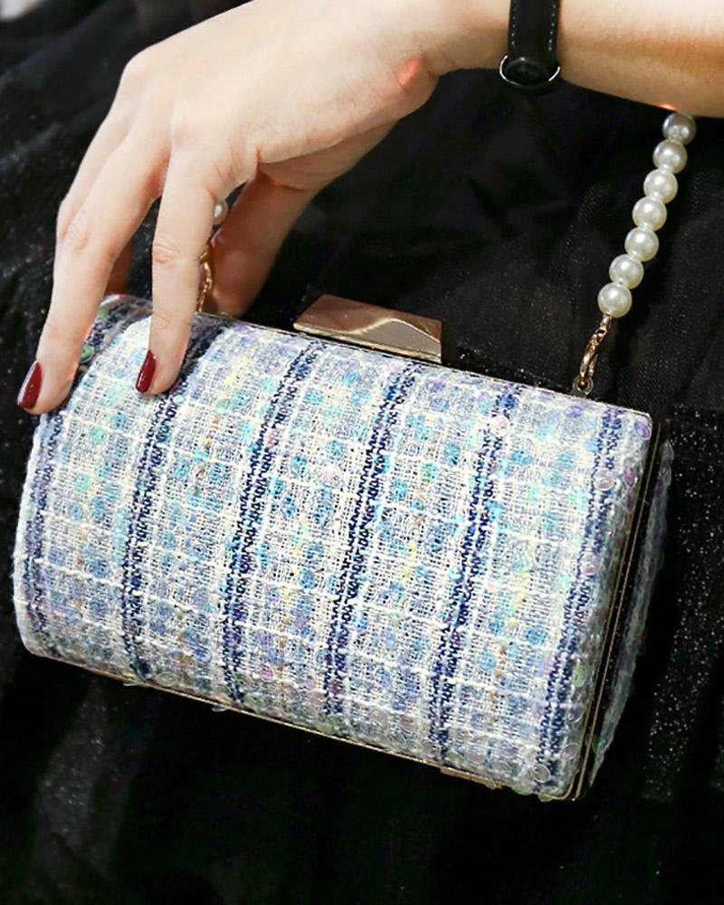 

Tweed Sequins Decor Clutch Purse Evening Bags, Light blue