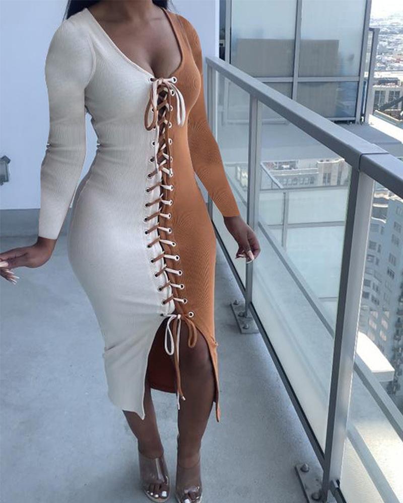 

Color Block Grommet Eyelet Lace-Up Long Sleeve Ribbed Skinny Dress, Yellow