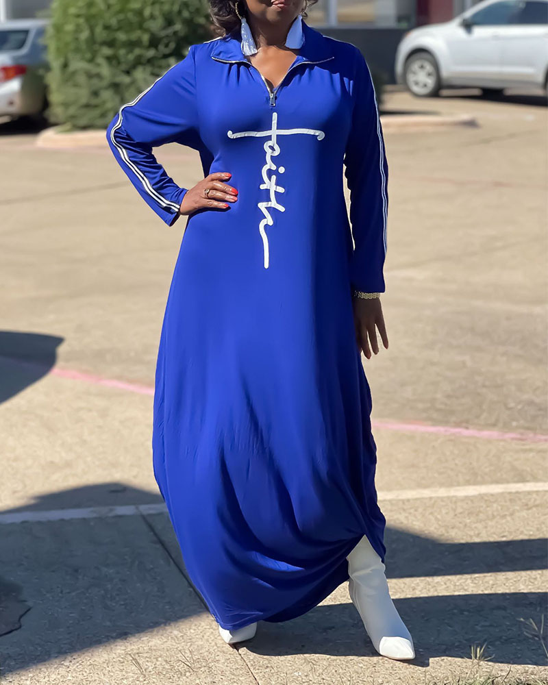 

Plus Size Letter Print Zip Front Long Sleeve Dress, Blue