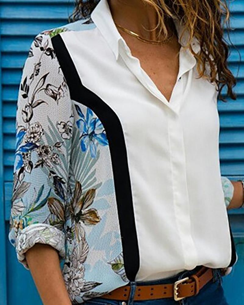 

Long Sleeve Turn-down Collar Blouse, White