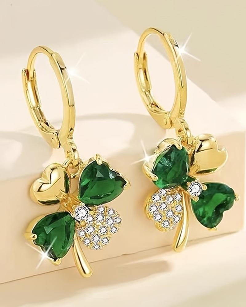 

1Pair St Patrick's Day Green Gems Four Leaf Clover Drop Earrings