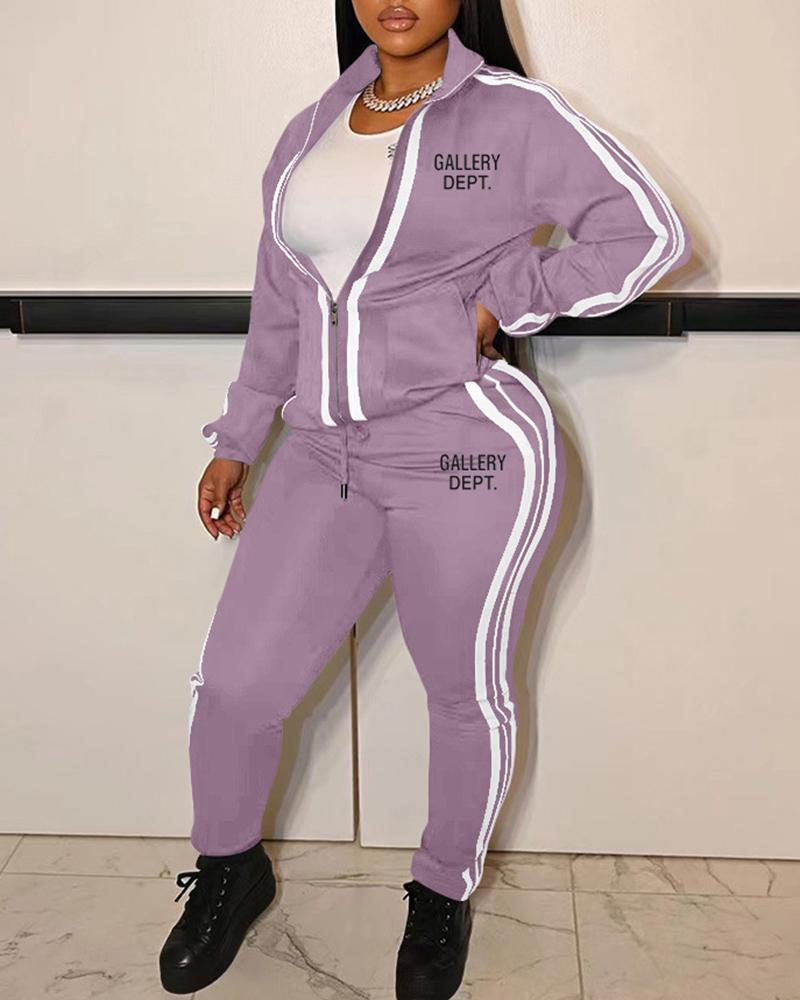 

Letter Pattern Zipper Desigan Top & Pants Set, Purple