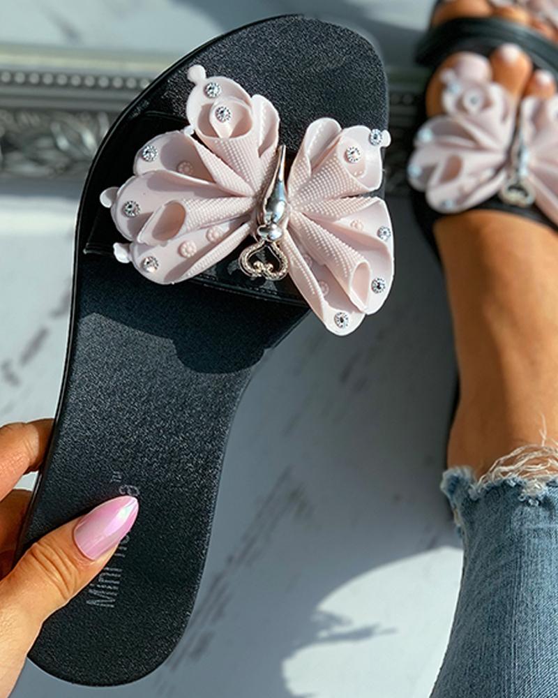 

Butterfly Heart Pattern Rhinestone Flat Slippers, Pink