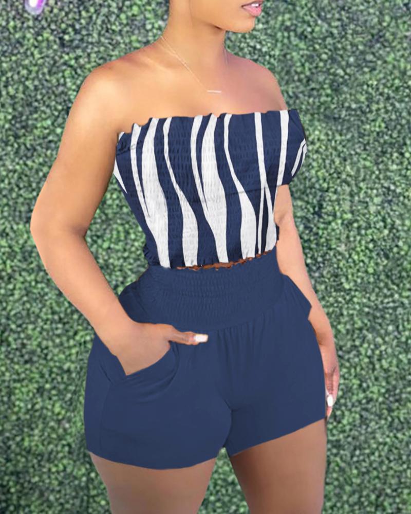 

Colorblock Shirred Top & Pocket Design Shorts Set, Purplish blue