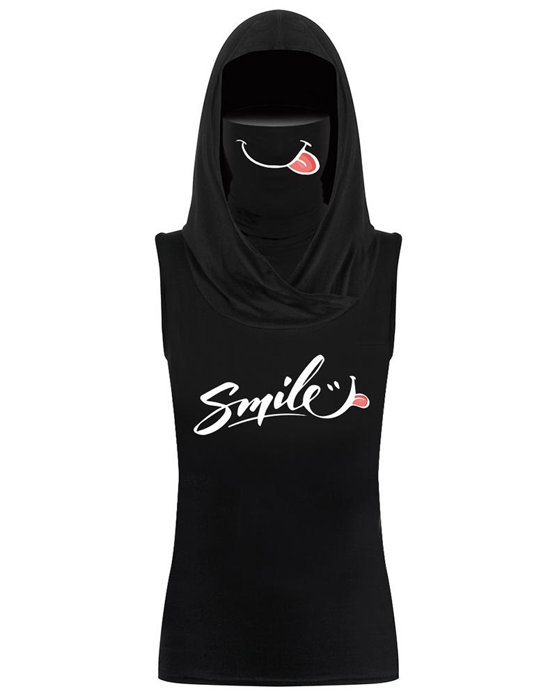 

Letter Print Hooded Tank Top With Ear Loop Bandana, Black