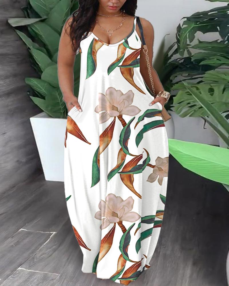 Plus Size Tropical Print Pocket Design Maxi Dress