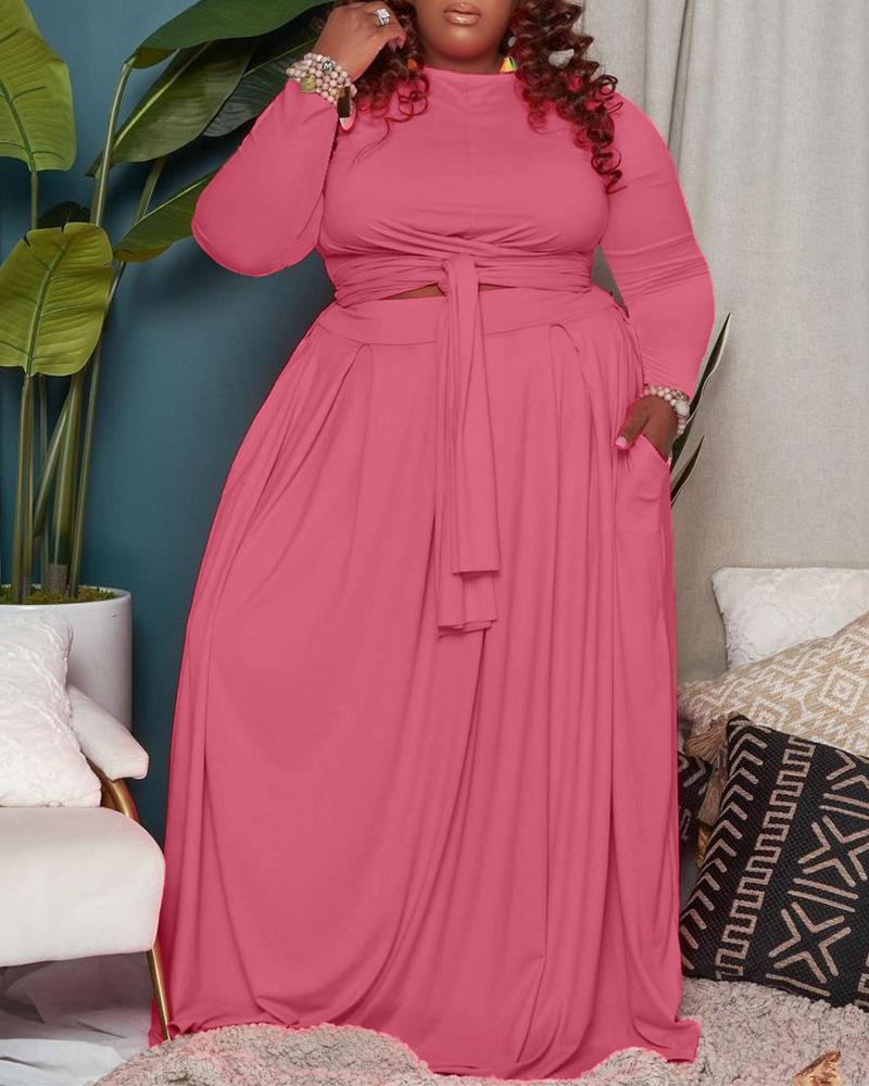 

Plus Size Tied Detail Top & Pocket Design Skirt Set, Pink