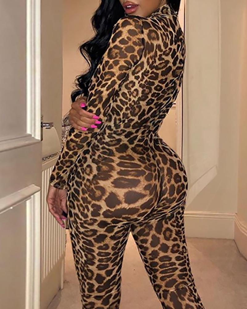 

Cheetah Print Long Sleeve O Neck Jumpsuit, Leopard