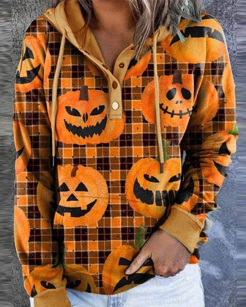 

Halloween Pumpkin Plaid Print Long Sleeve Hoodie, Orange