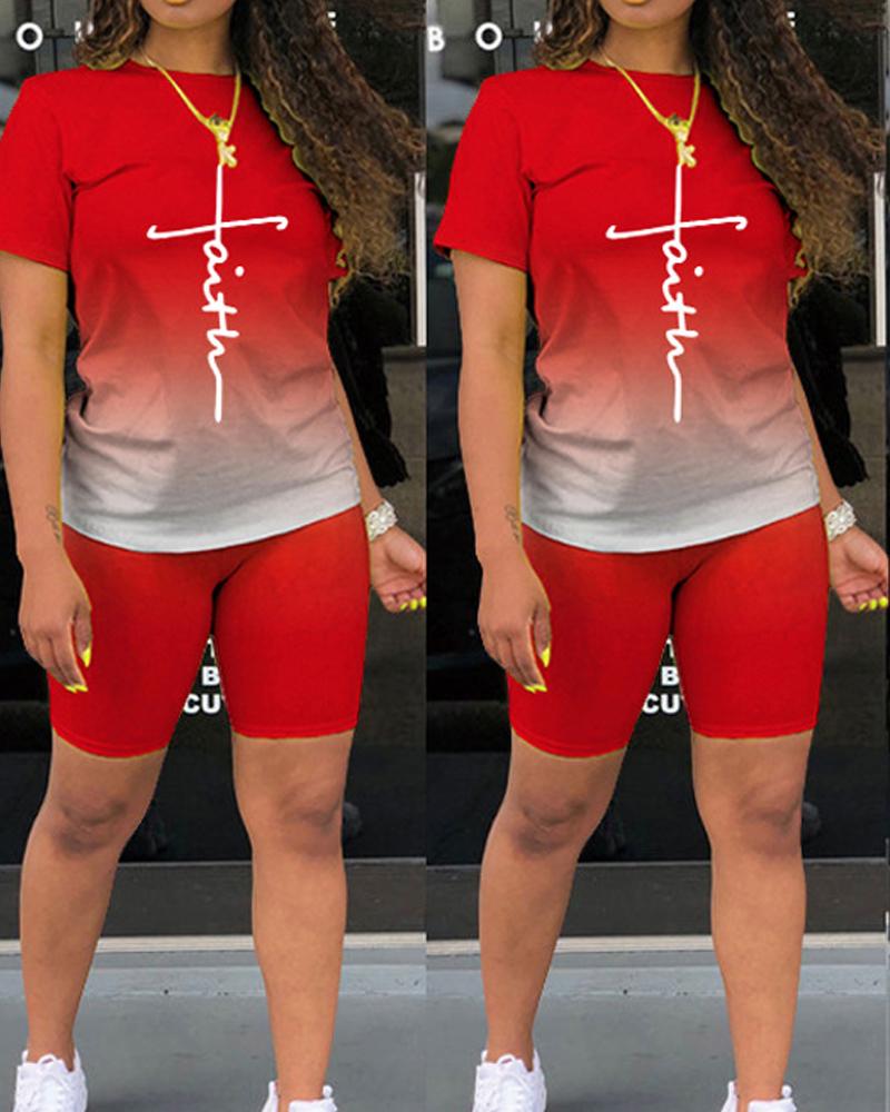 

Letter Print Ombre Casual Top & Shorts Set, Red