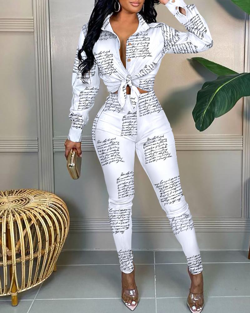 

Letter Print Button Down Shirt & Pants Set, White