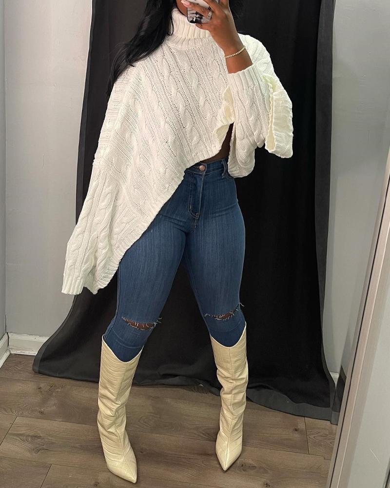 

High Low Hem Turtleneck Cable Knit Sweater, White