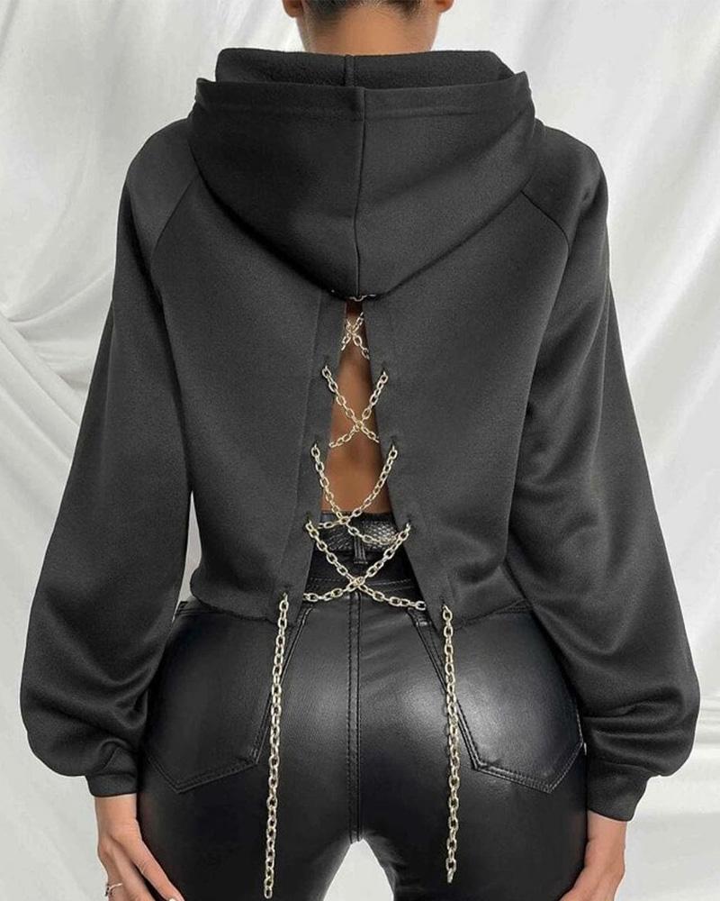 

Lantern Sleeve Chain Decor Lace-up Hoodie, Black