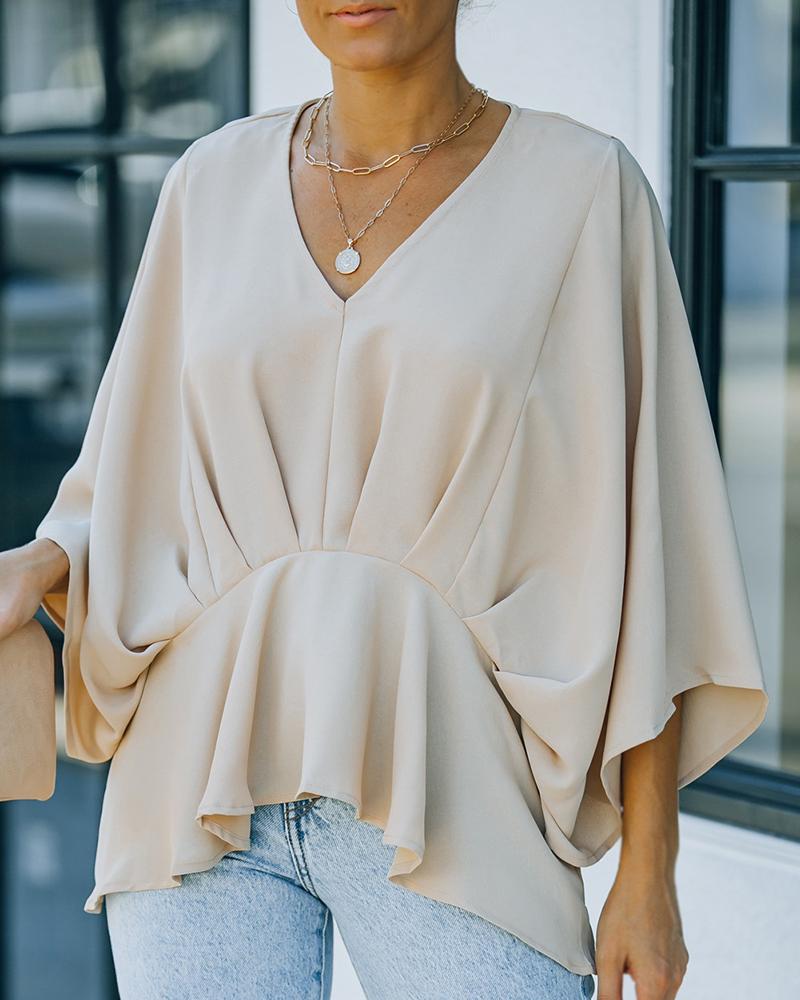 

Batwing Sleeve Ruched Ruffle Hem Top, Apricot