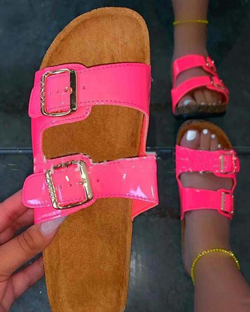 

Round-toe Solid Color Splicing Double Buckles Platform Slippers, Pink